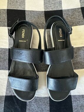 Fendi Black Leather Double Strap Sandals
